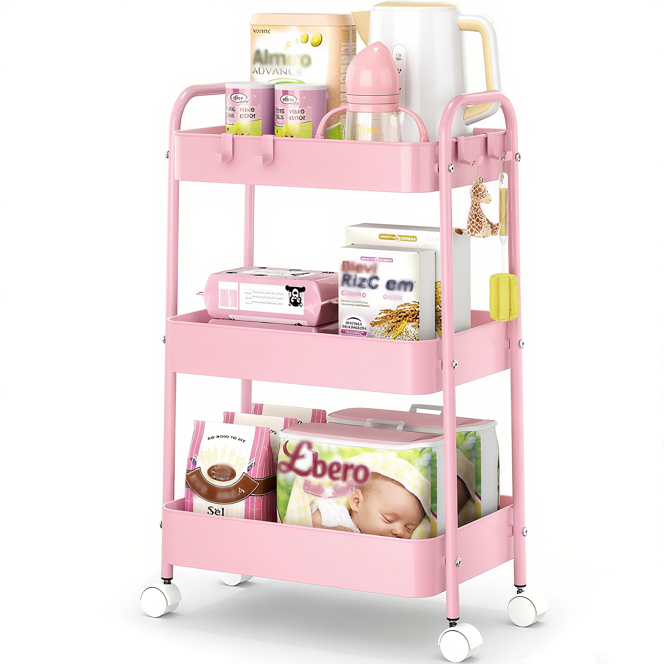 Baby Nursery Trolley - 3 Katmanlı Tekerlekli Metal Araba Modern