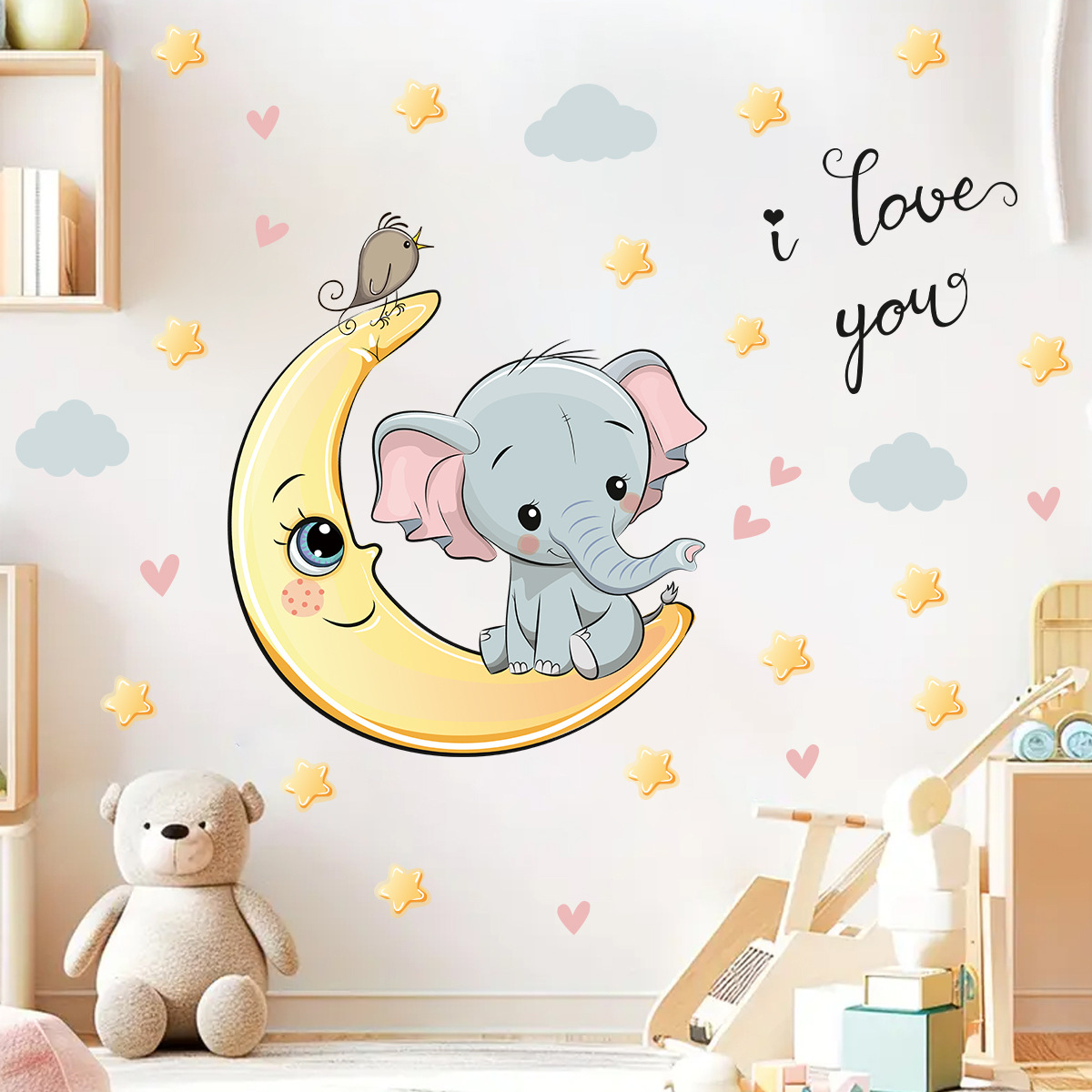 Baby Nursery Wall Stickers - Karikatür Ay Iyi Geceler Fil duvar